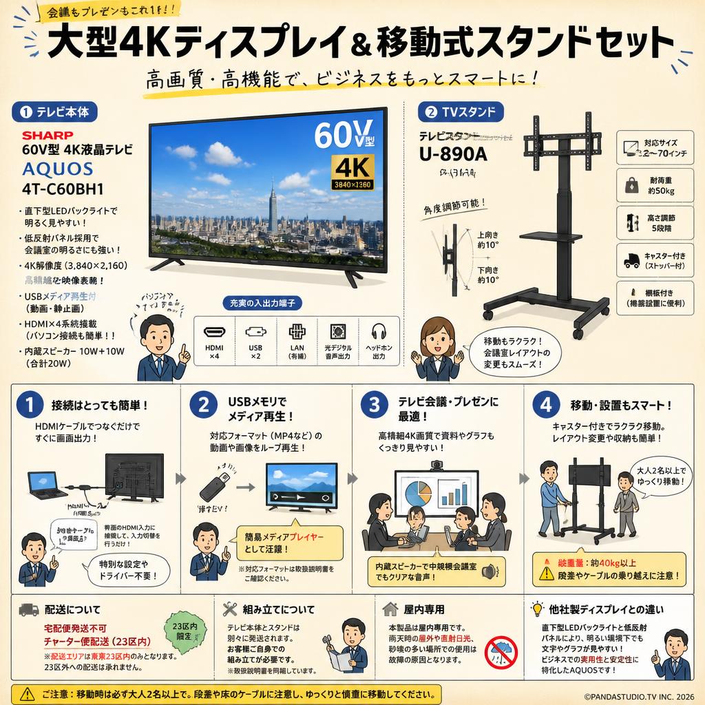 SHARP 60V型 4K液晶テレビ AQUOS 4T-C60BH1 /  テレビスタンド（32-70インチ対応）キャスター付/角度調節可能/テレビ会議 U-890A【宅配便発送不可/チャーター便配送（23区内）】 FAQ（よくある質問と答え）