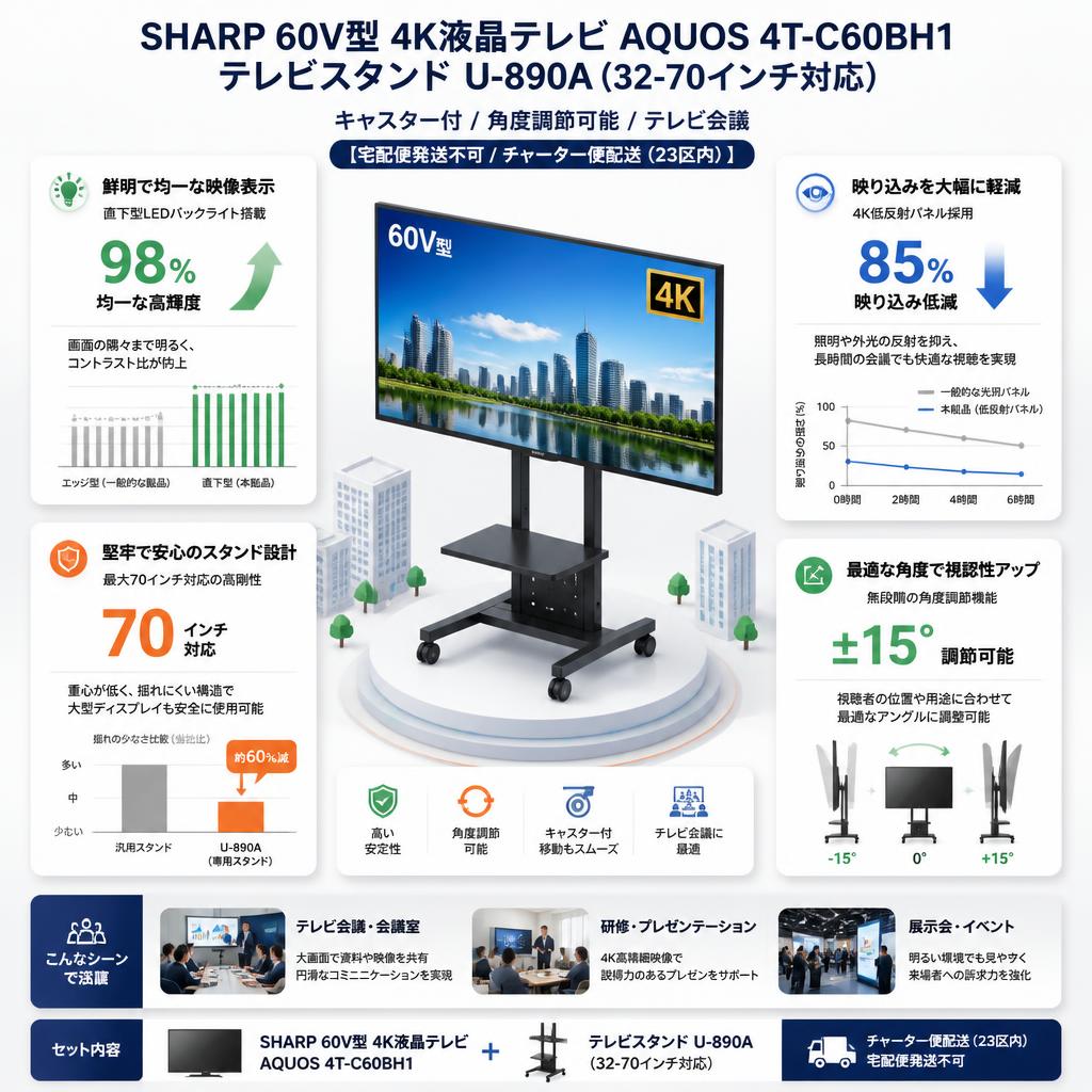 SHARP 60V型 4K液晶テレビ AQUOS 4T-C60BH1 /  テレビスタンド（32-70インチ対応）キャスター付/角度調節可能/テレビ会議 U-890A【宅配便発送不可/チャーター便配送（23区内）】 セールスポイント