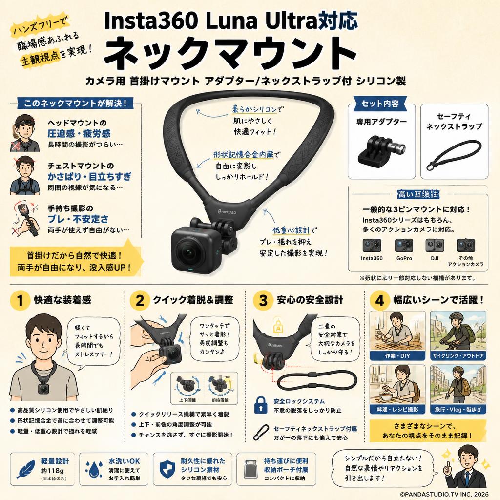 Insta360 Luna Ultra対応 ネックマウント カメラ用 首掛けマウント アダプター/ネックストラップ付 シリコン製 概要