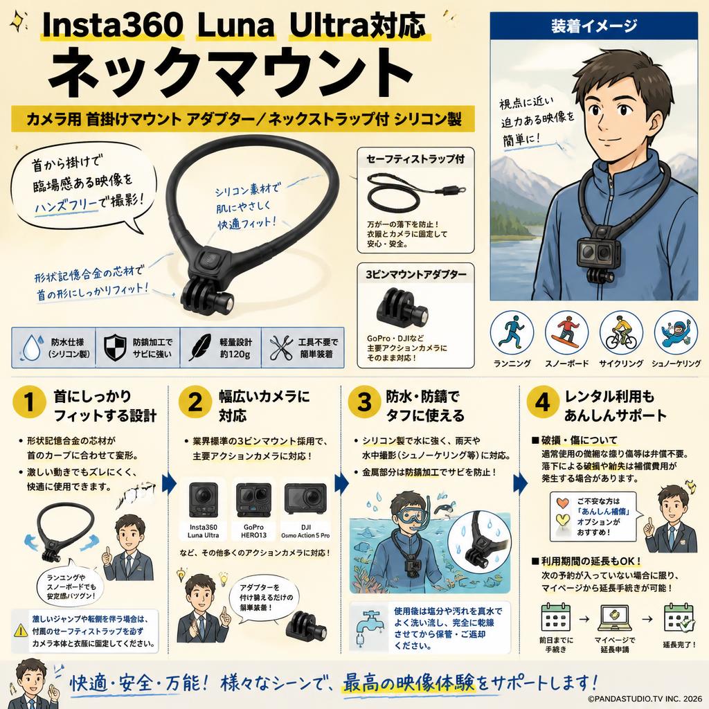 Insta360 Luna Ultra対応 ネックマウント カメラ用 首掛けマウント アダプター/ネックストラップ付 シリコン製 FAQ（よくある質問と答え）