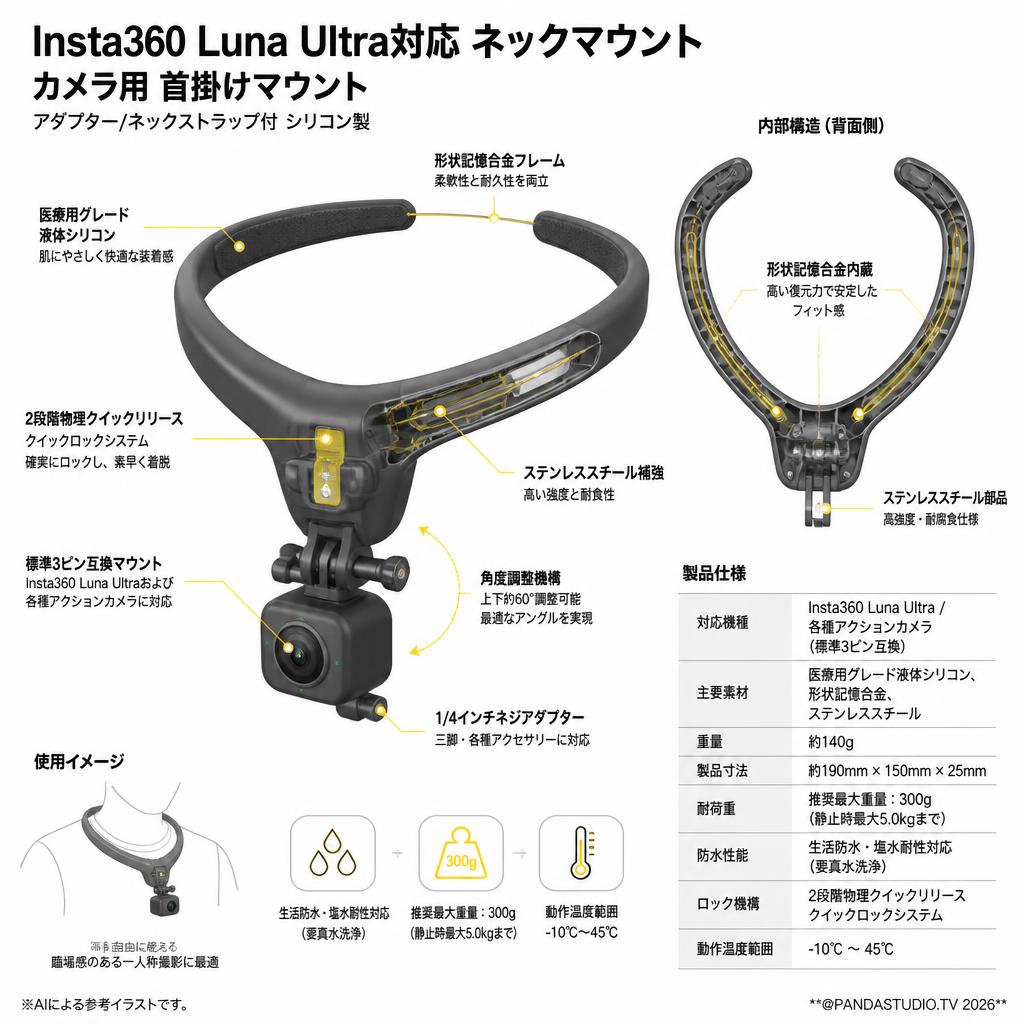 Insta360 Luna Ultra対応 ネックマウント カメラ用 首掛けマウント アダプター/ネックストラップ付 シリコン製 スペック