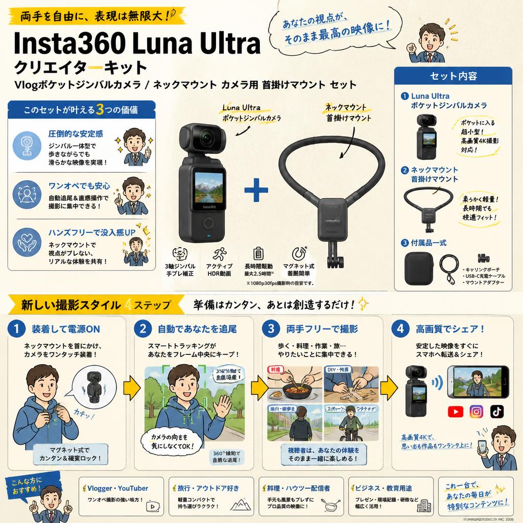 Insta360 Luna Ultra クリエイターキット Vlogポケットジンバルカメラ / ネックマウント カメラ用 首掛けマウント セット 概要