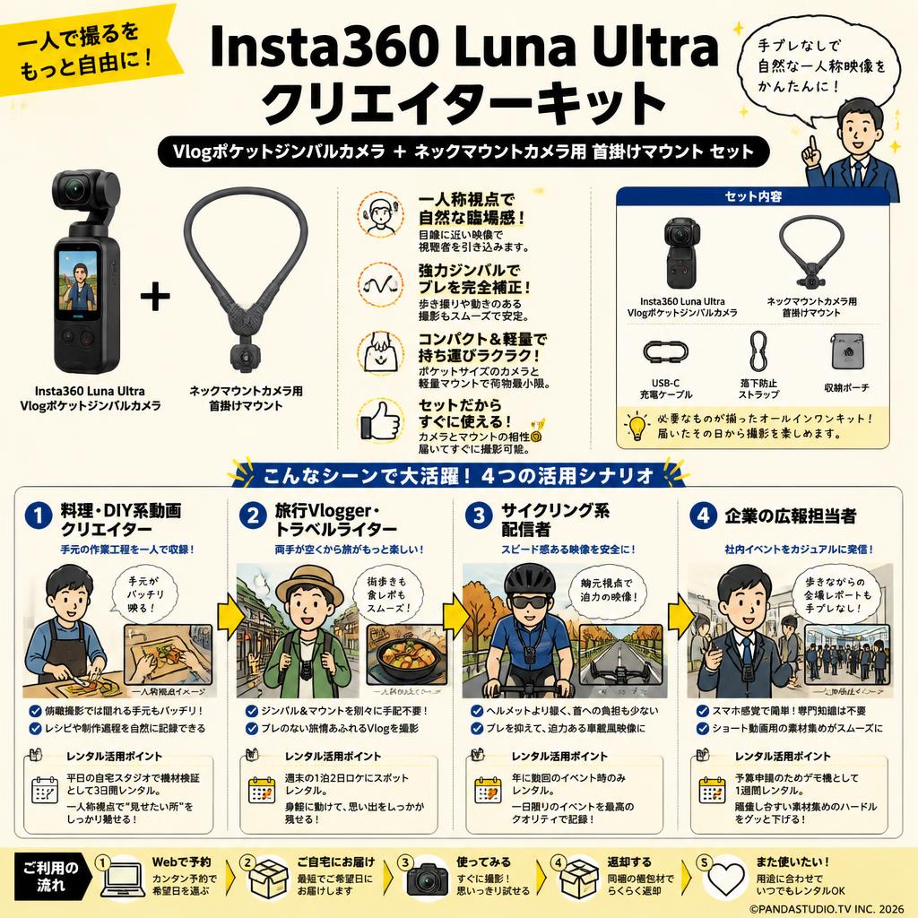 Insta360 Luna Ultra クリエイターキット Vlogポケットジンバルカメラ / ネックマウント カメラ用 首掛けマウント セット おもな対象のお客様
