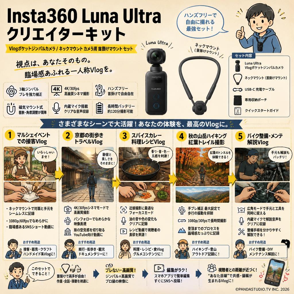 Insta360 Luna Ultra クリエイターキット Vlogポケットジンバルカメラ / ネックマウント カメラ用 首掛けマウント セット 用途