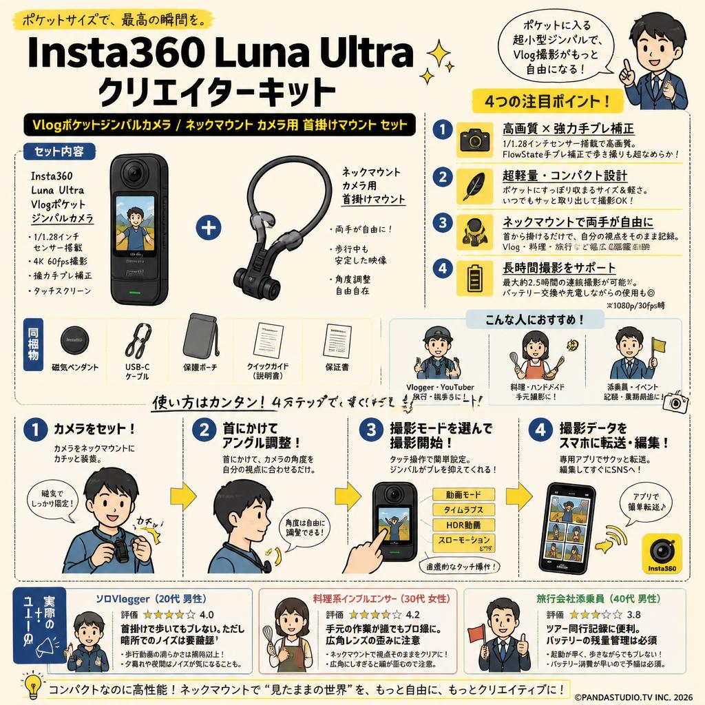 Insta360 Luna Ultra クリエイターキット Vlogポケットジンバルカメラ / ネックマウント カメラ用 首掛けマウント セット インターネット上のお客様の声（評判）