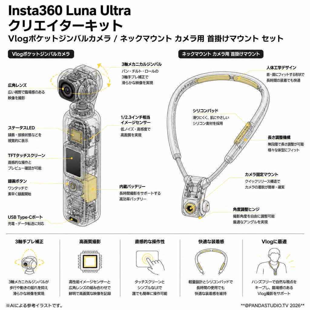Insta360 Luna Ultra クリエイターキット Vlogポケットジンバルカメラ / ネックマウント カメラ用 首掛けマウント セット スペック