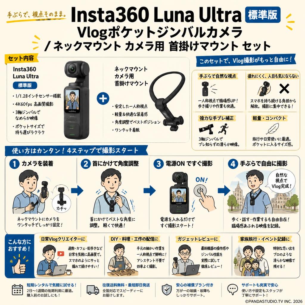 Insta360 Luna Ultra 標準版 Vlogポケットジンバルカメラ / ネックマウント カメラ用 首掛けマウント セット おもな対象のお客様