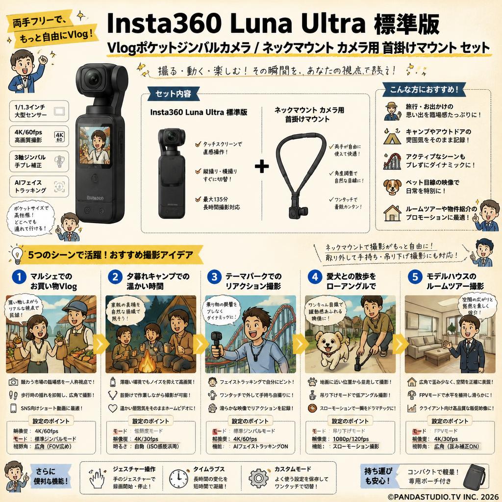Insta360 Luna Ultra 標準版 Vlogポケットジンバルカメラ / ネックマウント カメラ用 首掛けマウント セット 用途