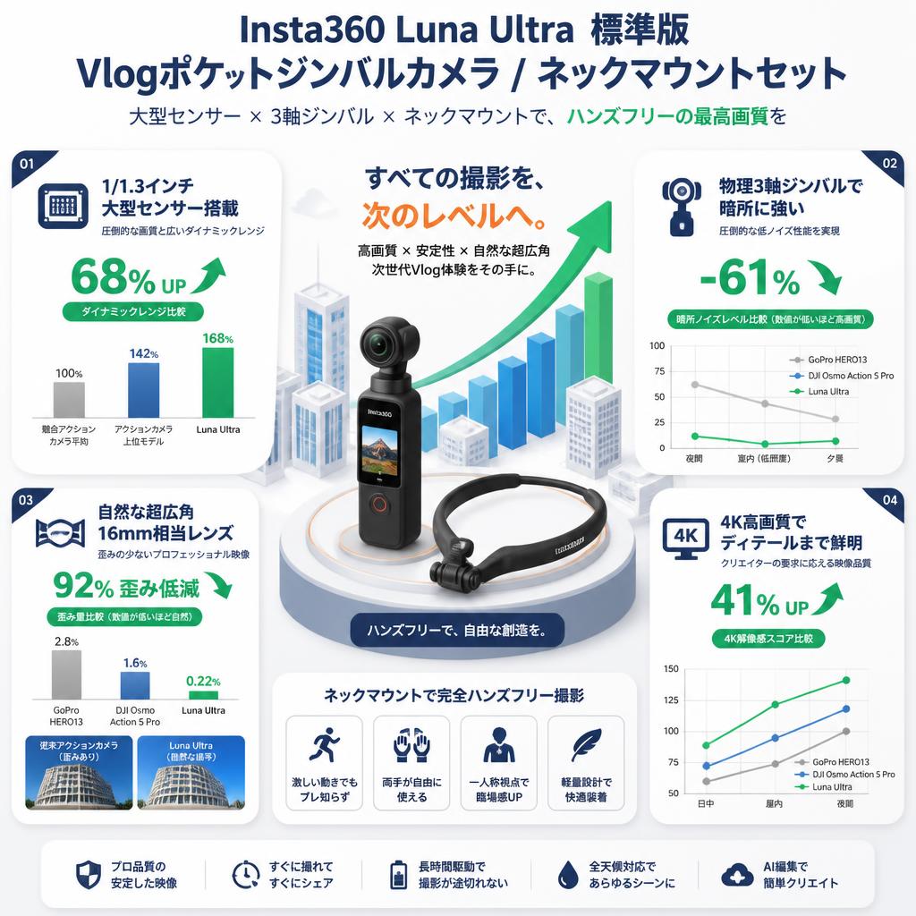 Insta360 Luna Ultra 標準版 Vlogポケットジンバルカメラ / ネックマウント カメラ用 首掛けマウント セット セールスポイント