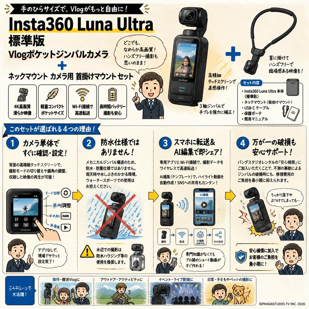 Insta360 Luna Ultra 標準版 Vlogポケットジンバルカメラ / ネックマウント カメラ用 首掛けマウント セット FAQ（よくある質問と答え）