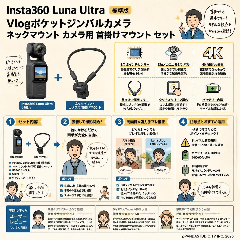 Insta360 Luna Ultra 標準版 Vlogポケットジンバルカメラ / ネックマウント カメラ用 首掛けマウント セット インターネット上のお客様の声（評判）