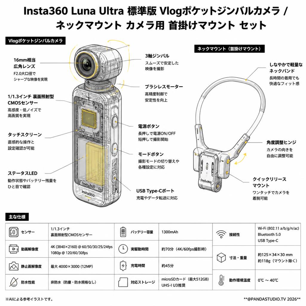 Insta360 Luna Ultra 標準版 Vlogポケットジンバルカメラ / ネックマウント カメラ用 首掛けマウント セット スペック