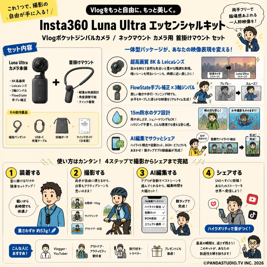Insta360 Luna Ultra エッセンシャルキット Vlogポケットジンバルカメラ / ネックマウント カメラ用 首掛けマウント セット 概要