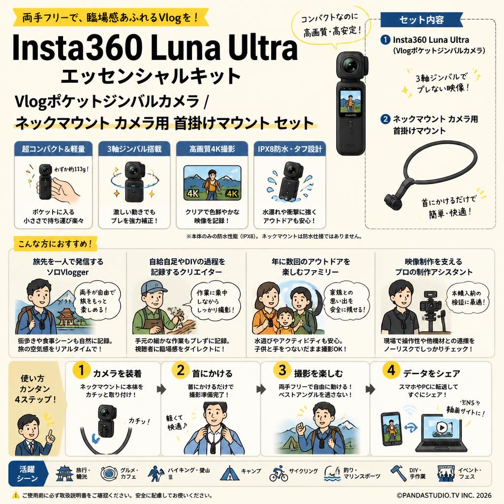 Insta360 Luna Ultra エッセンシャルキット Vlogポケットジンバルカメラ / ネックマウント カメラ用 首掛けマウント セット おもな対象のお客様