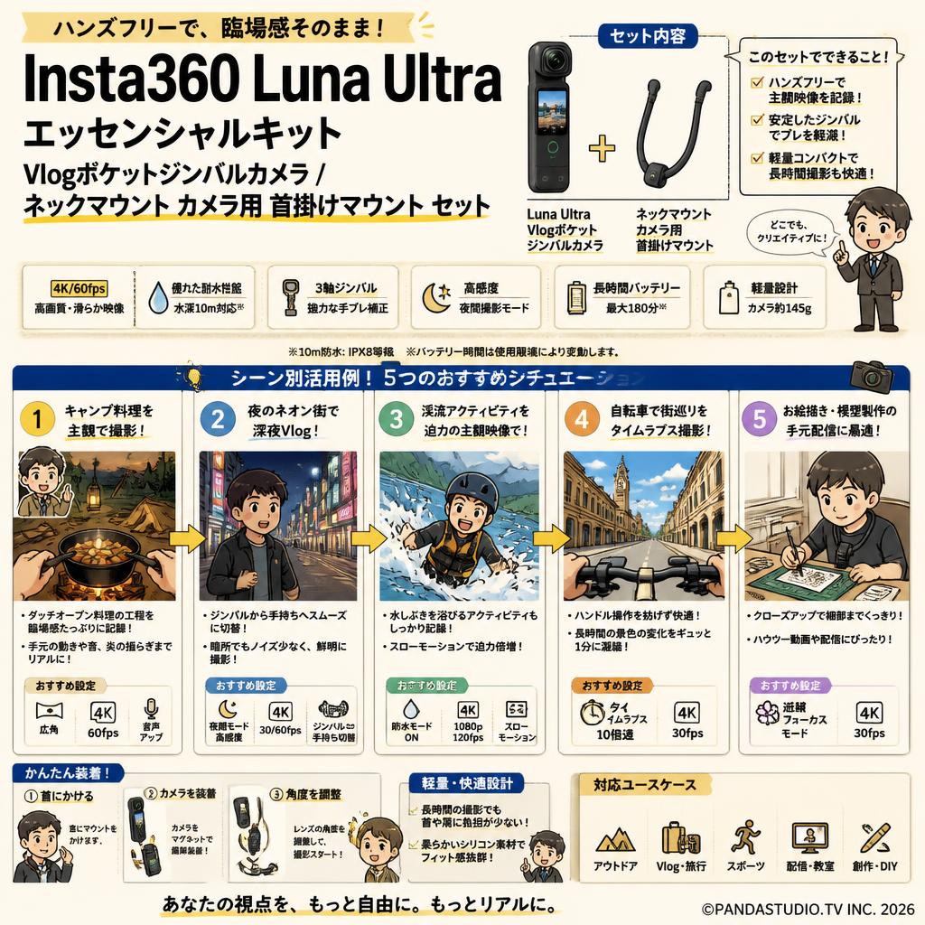 Insta360 Luna Ultra エッセンシャルキット Vlogポケットジンバルカメラ / ネックマウント カメラ用 首掛けマウント セット 用途