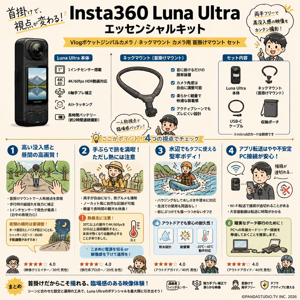 Insta360 Luna Ultra エッセンシャルキット Vlogポケットジンバルカメラ / ネックマウント カメラ用 首掛けマウント セット インターネット上のお客様の声（評判）