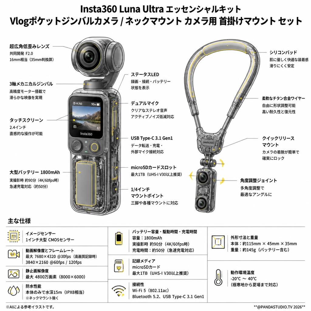 Insta360 Luna Ultra エッセンシャルキット Vlogポケットジンバルカメラ / ネックマウント カメラ用 首掛けマウント セット スペック