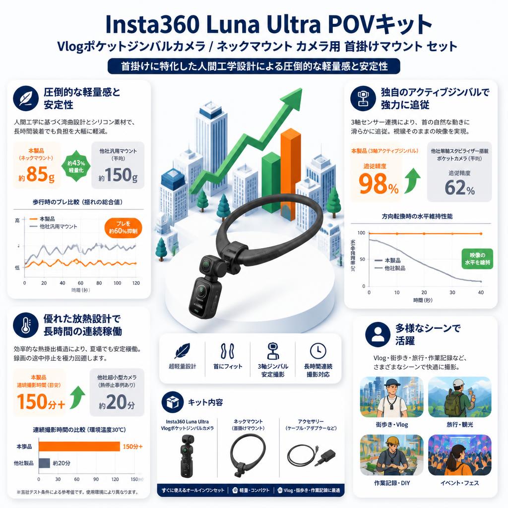 Insta360 Luna Ultra POVキット Vlogポケットジンバルカメラ / ネックマウント カメラ用 首掛けマウント セット セールスポイント