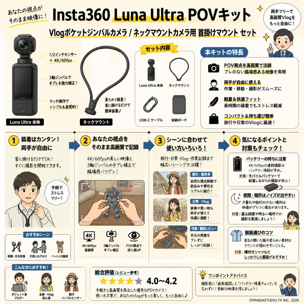 Insta360 Luna Ultra POVキット Vlogポケットジンバルカメラ / ネックマウント カメラ用 首掛けマウント セット インターネット上のお客様の声（評判）