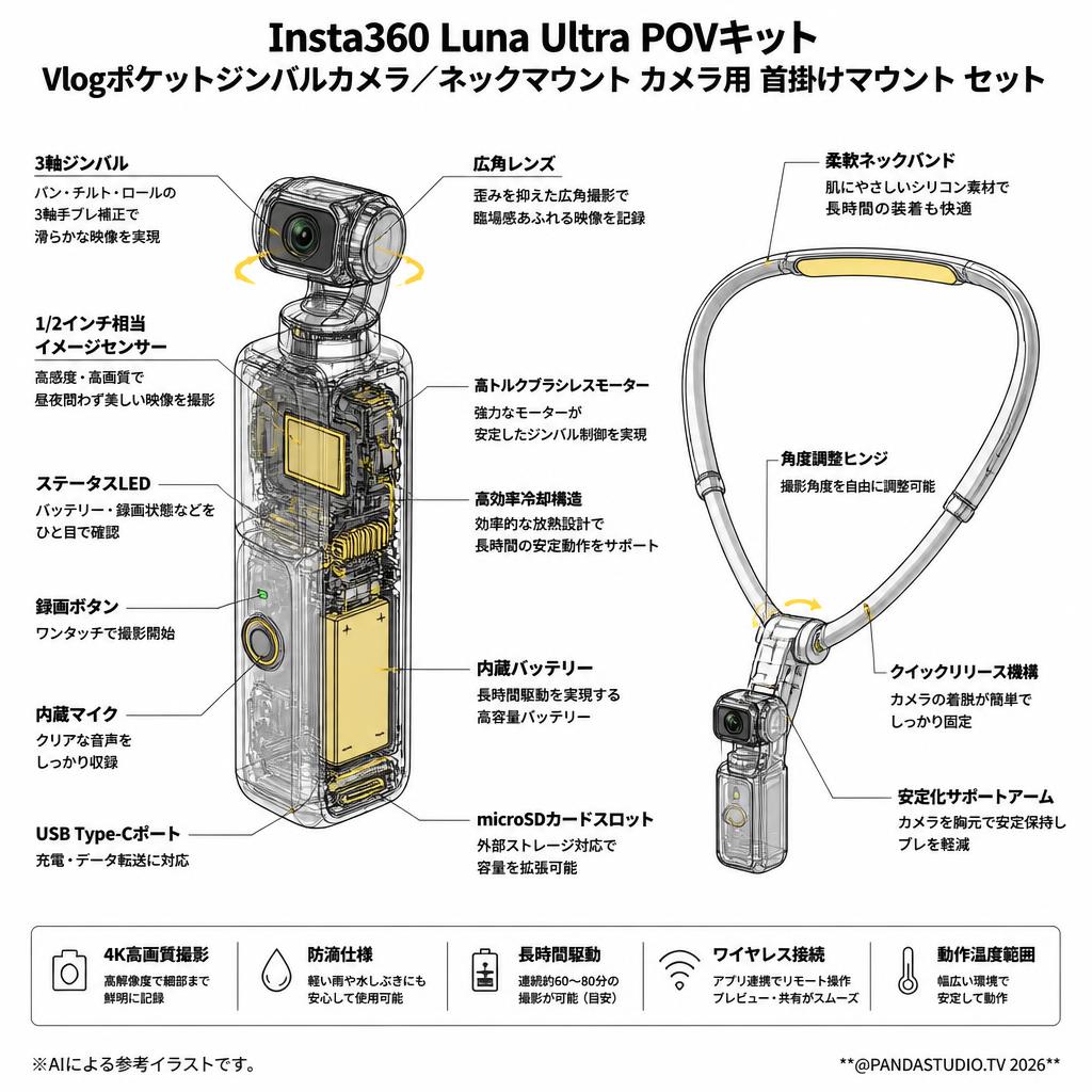 Insta360 Luna Ultra POVキット Vlogポケットジンバルカメラ / ネックマウント カメラ用 首掛けマウント セット スペック