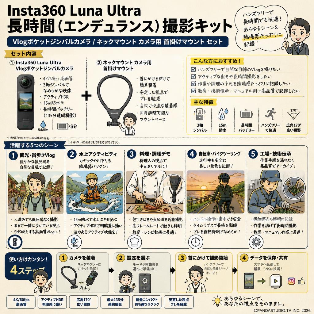 Insta360 Luna Ultra 長時間（エンデュランス）撮影キットVlogポケットジンバルカメラ / ネックマウント カメラ用 首掛けマウント セット 用途