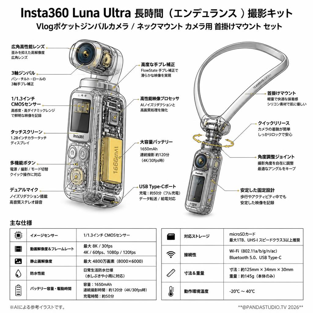 Insta360 Luna Ultra 長時間（エンデュランス）撮影キットVlogポケットジンバルカメラ / ネックマウント カメラ用 首掛けマウント セット スペック