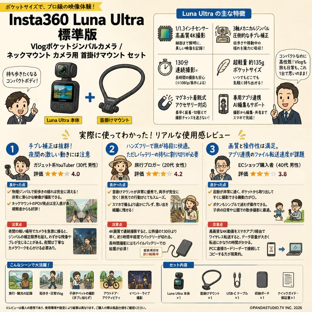 Insta360 Luna Ultra 標準版 Vlogポケットジンバルカメラ / ネックマウント カメラ用 首掛けマウント セット インターネット上のお客様の声（評判）
