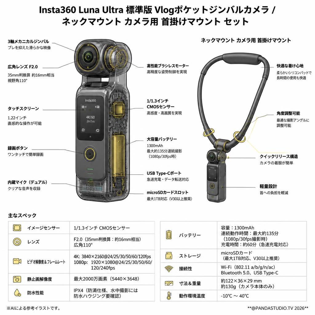 Insta360 Luna Ultra 標準版 Vlogポケットジンバルカメラ / ネックマウント カメラ用 首掛けマウント セット スペック