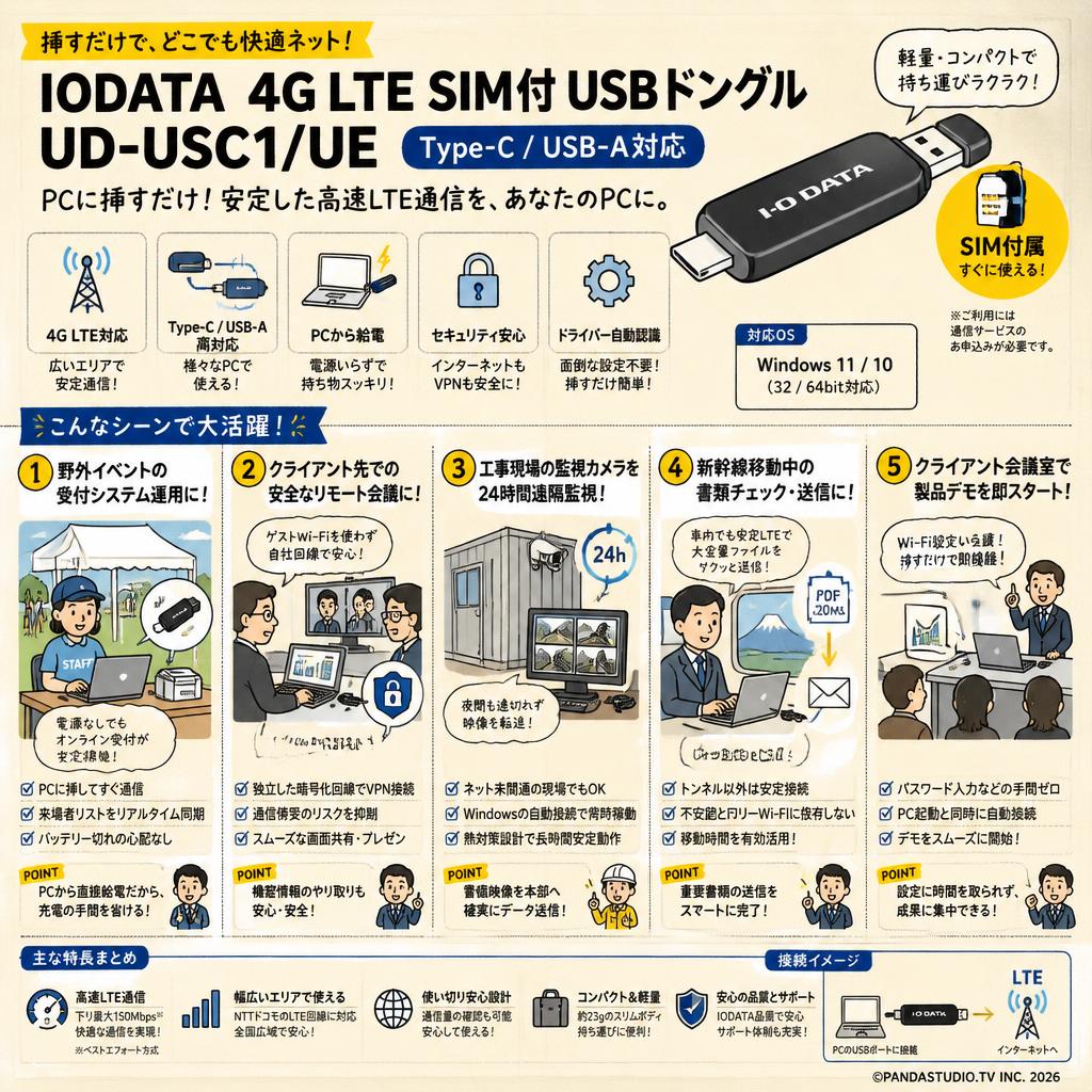 IODATA  4G LTE SIM付 USBドングル UD-USC1/UE Type-C/USB-A対応 用途