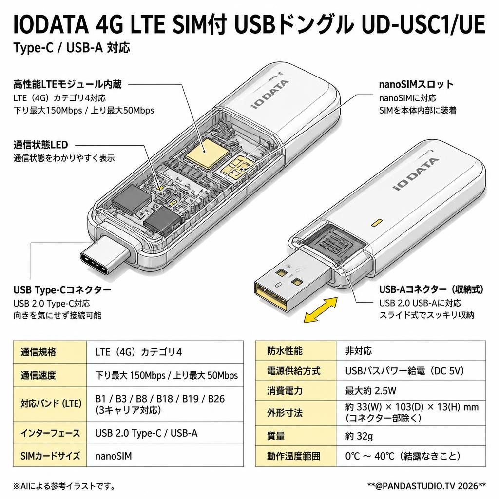 IODATA  4G LTE SIM付 USBドングル UD-USC1/UE Type-C/USB-A対応 スペック
