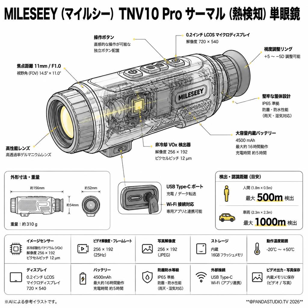 MILESEEY（マイルシー）TNV10 Pro サーマル (熱検知) 単眼鏡 スペック