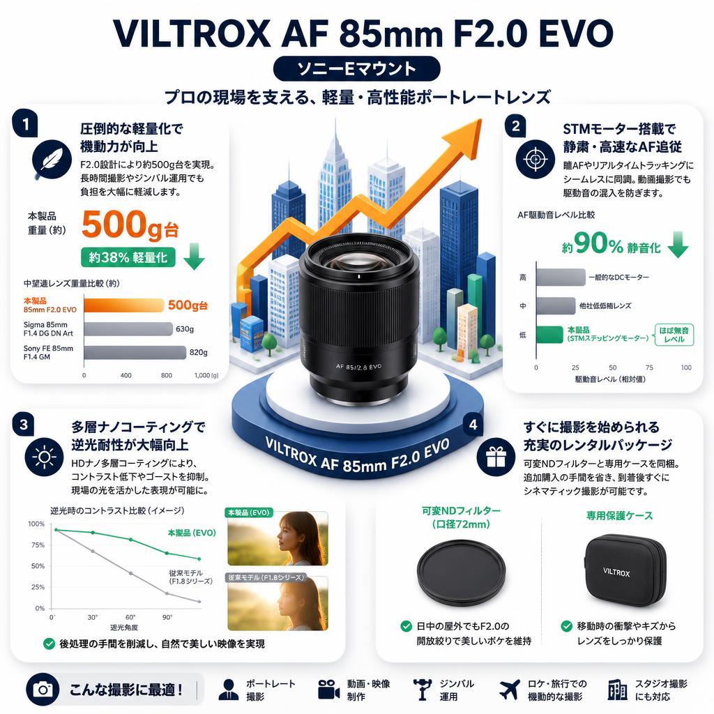 Viltrox AF 85mm F2.0 EVO ソニーEマウント セールスポイント
