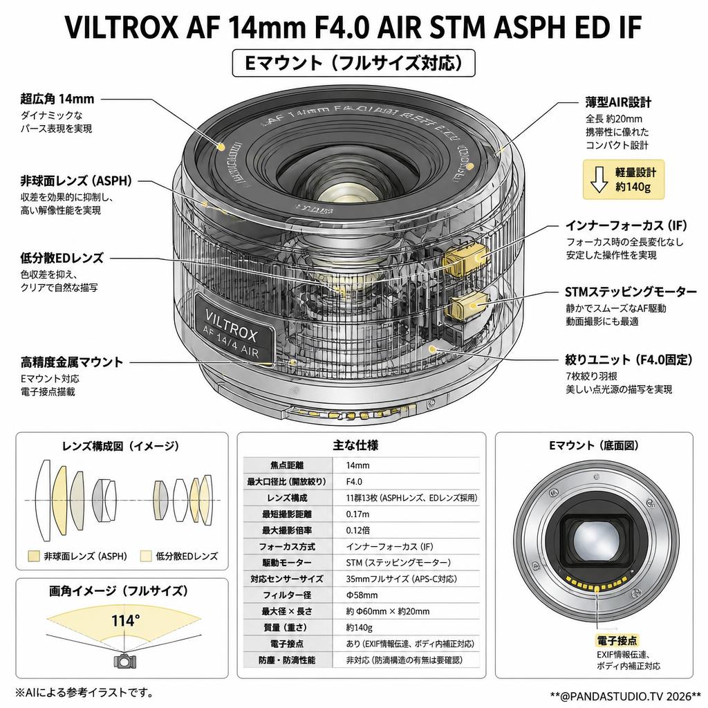Viltrox AF 14mm F4.0 AIR STM ASPH ED IF  Eマウント スペック