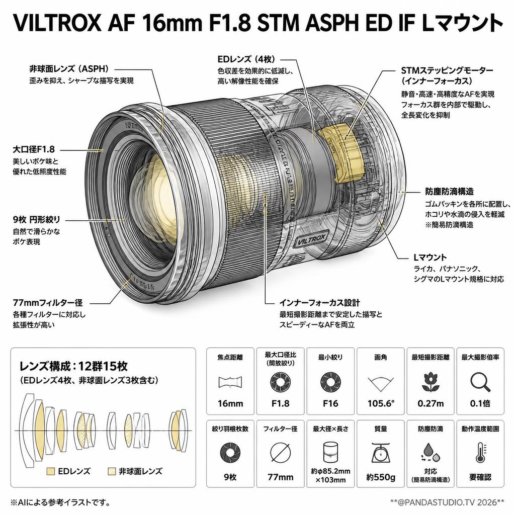 Viltrox AF 16mm F1.8 STM ASPH ED IF Lマウント スペック