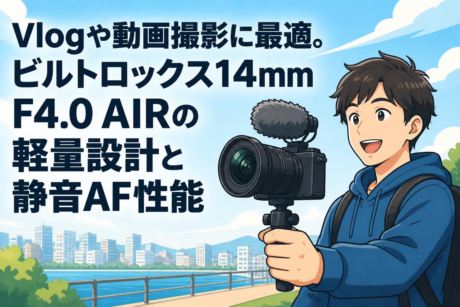 Vlogや動画撮影に最適。ビルトロックス14mm F4.0 AIRの軽量設計と静音AF性能