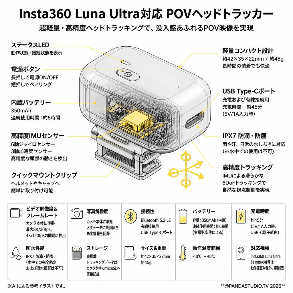 Insta360 Luna Ultra対応 POVヘッドトラッカー スペック