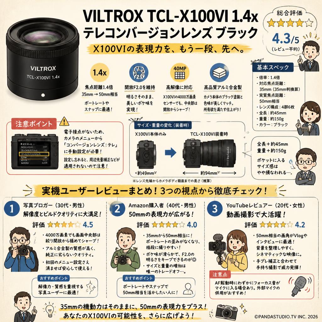 Viltrox TCL-X100VI 1.4x テレコンバージョンレンズ ブラック インターネット上のお客様の声（評判）