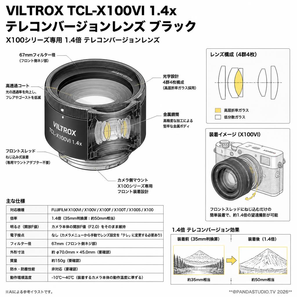 Viltrox TCL-X100VI 1.4x テレコンバージョンレンズ ブラック スペック