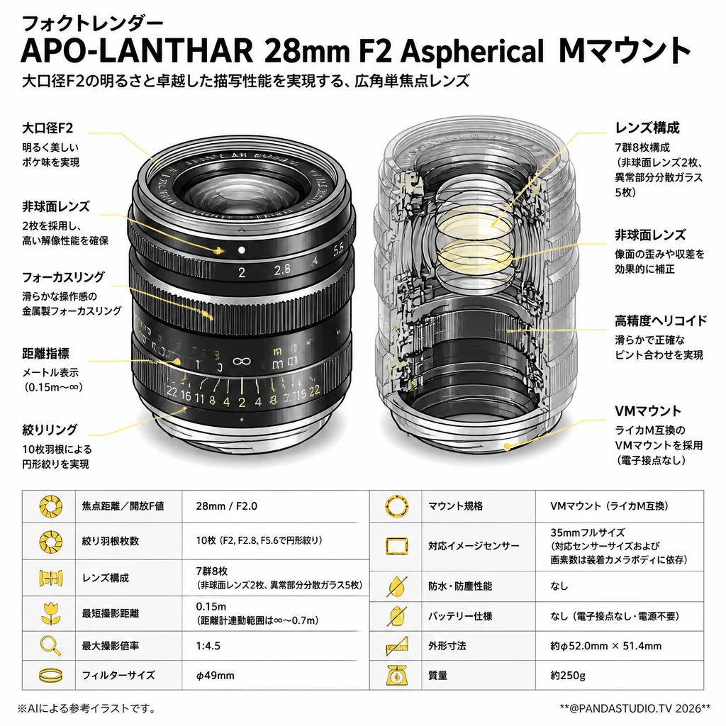 フォクトレンダー APO-LANTHAR 28mm F2 Aspherical  Mマウント スペック