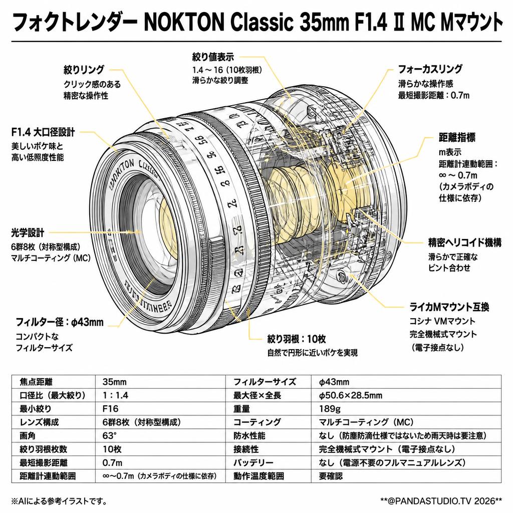フォクトレンダー NOKTON Classic 35mm F1.4 Ⅱ MC Mマウント スペック