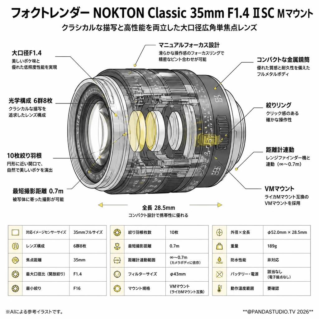 フォクトレンダー NOKTON Classic 35mm F1.4 Ⅱ SC Mマウント スペック