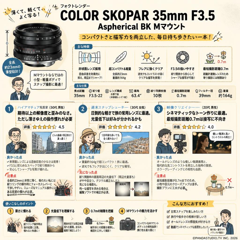 フォクトレンダー COLOR SKOPAR 35mm F3.5 Aspherical Mマウント ブラック インターネット上のお客様の声（評判）