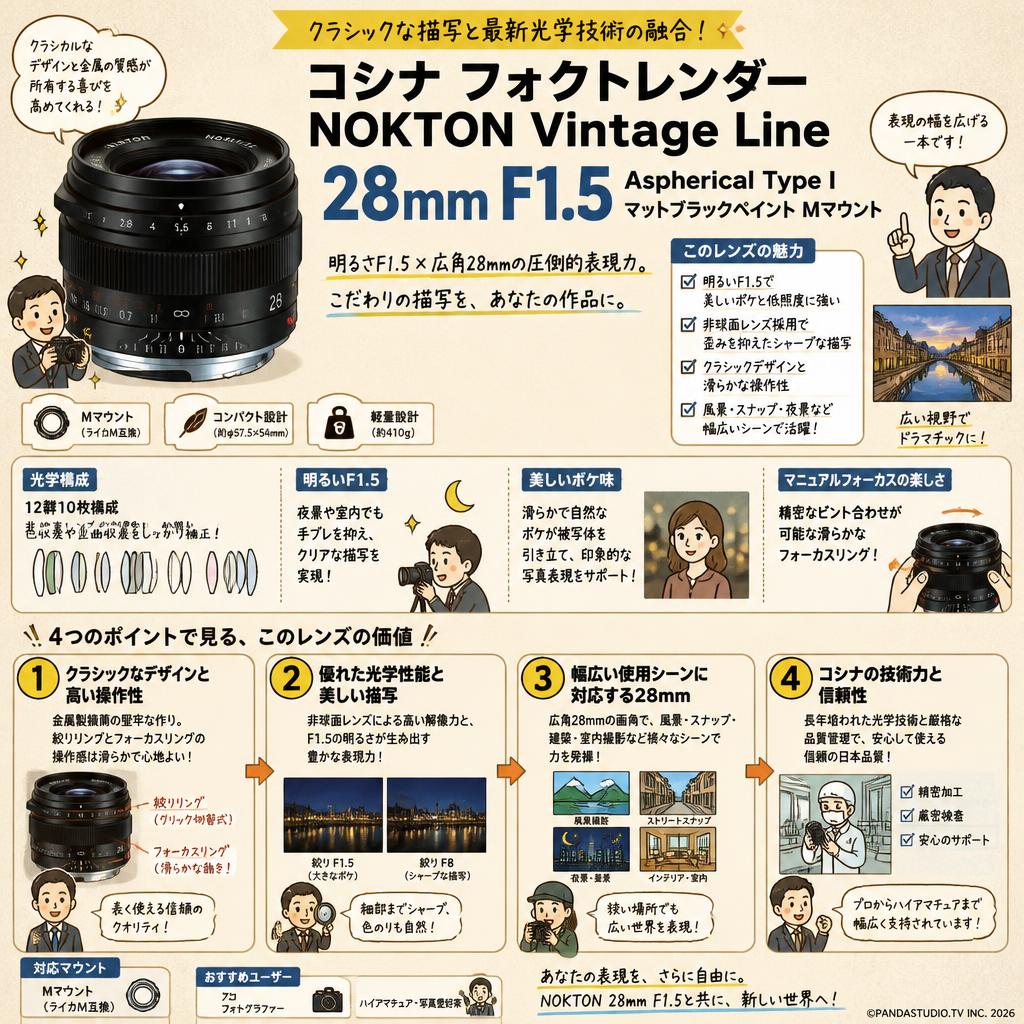 コシナ フォクトレンダー NOKTON Vintage Line 28mm F1.5 Aspherical Type I Mマウント マットブラックペイント 概要