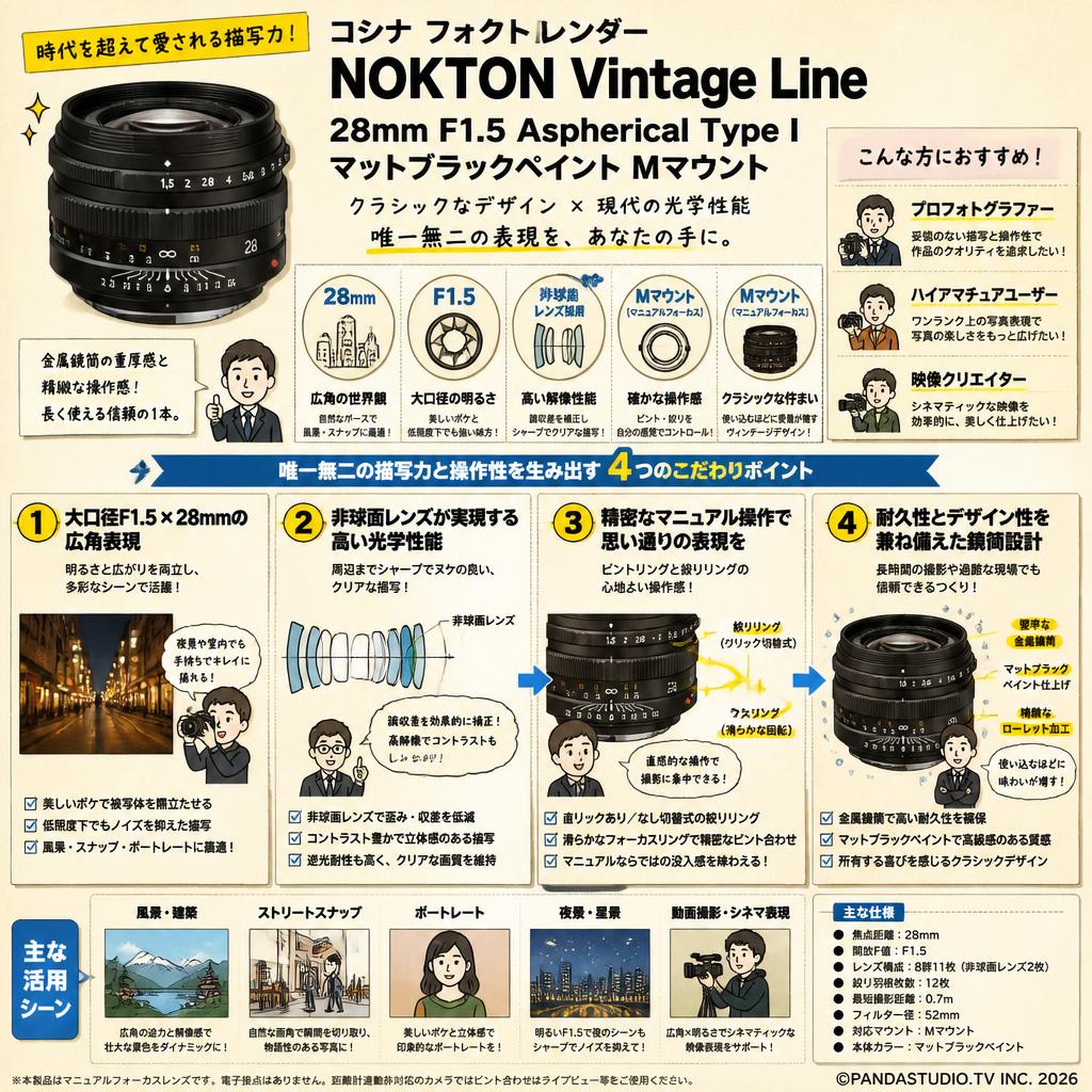 コシナ フォクトレンダー NOKTON Vintage Line 28mm F1.5 Aspherical Type I Mマウント マットブラックペイント おもな対象のお客様