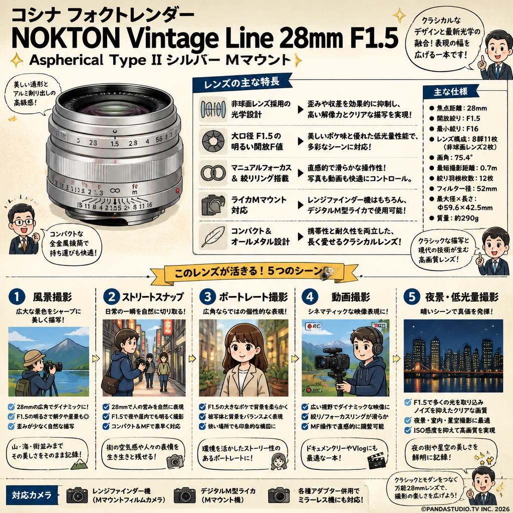 コシナ フォクトレンダー NOKTON Vintage Line 28mm F1.5 Aspherical Type II Mマウント シルバー 用途