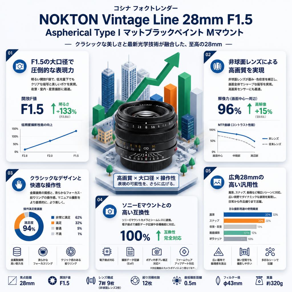 コシナ フォクトレンダー NOKTON Vintage Line 28mm F1.5 Aspherical Type I Mマウント マットブラックペイント セールスポイント