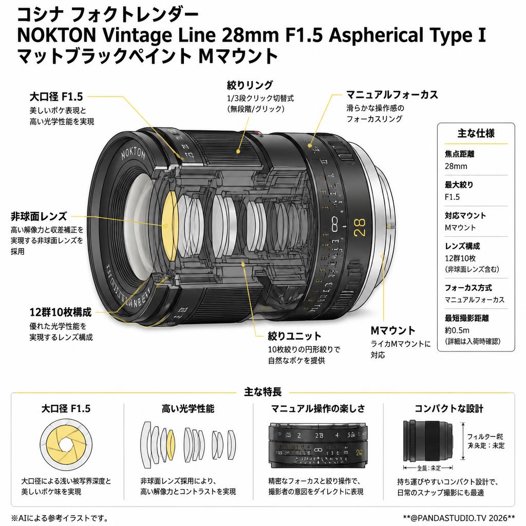 コシナ フォクトレンダー NOKTON Vintage Line 28mm F1.5 Aspherical Type I Mマウント マットブラックペイント スペック