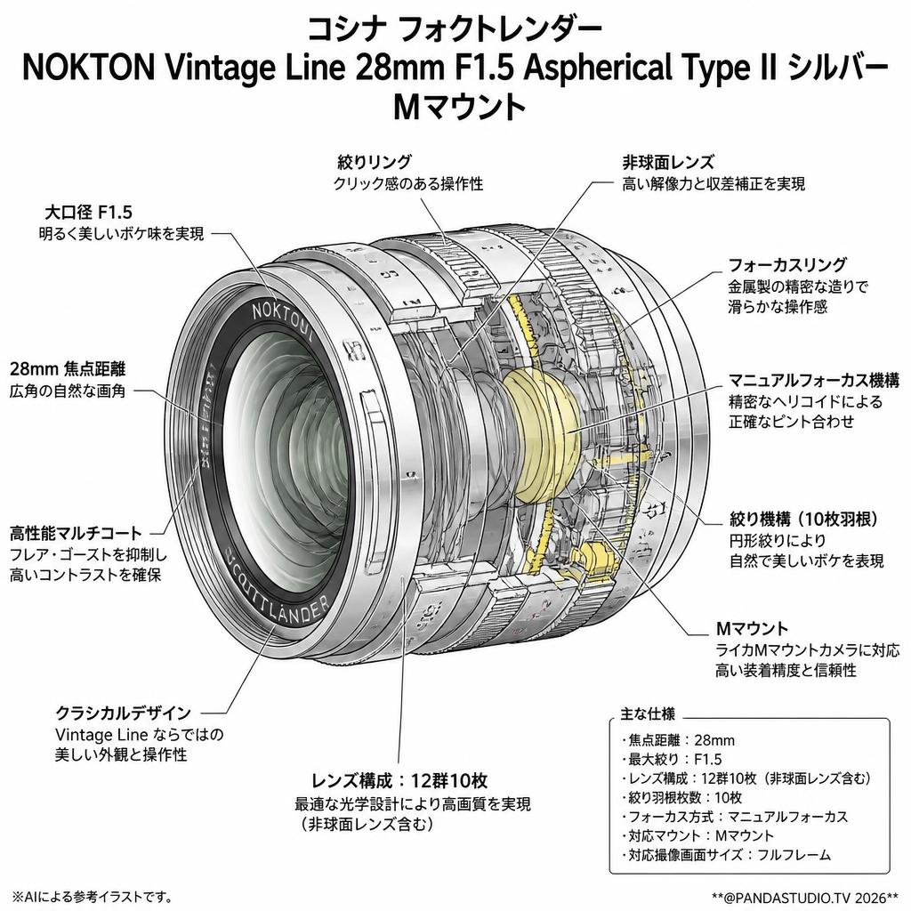 コシナ フォクトレンダー NOKTON Vintage Line 28mm F1.5 Aspherical Type II Mマウント シルバー スペック