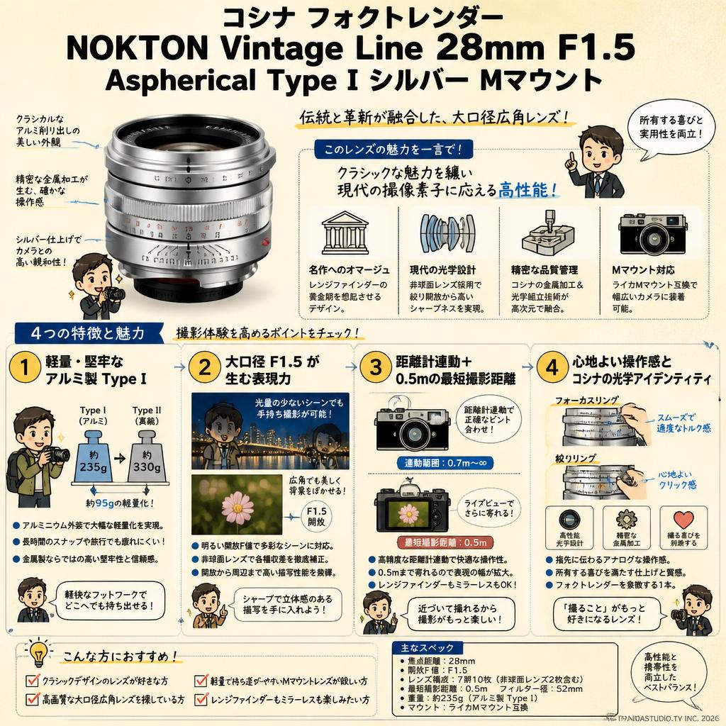 コシナ フォクトレンダー NOKTON Vintage Line 28mm F1.5 Aspherical Type I Mマウントシルバー 概要