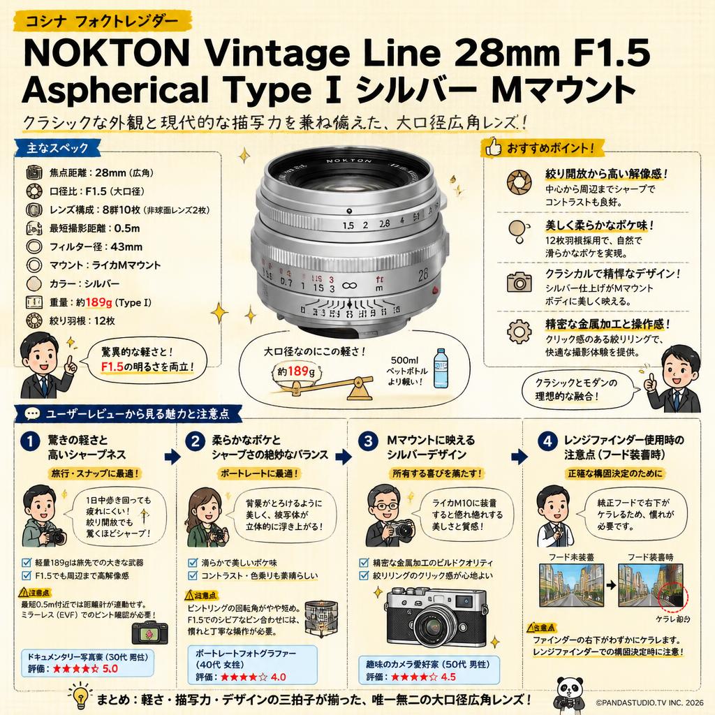 コシナ フォクトレンダー NOKTON Vintage Line 28mm F1.5 Aspherical Type I Mマウントシルバー インターネット上のお客様の声（評判）